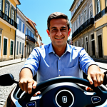 A professional individual, fully clothed in business casual attire, driving a sleek, compact electric vehicle on a cobblestone street in a charming Portuguese city. The background features historical architecture and a clear, sunny sky, suggesting a calm urban environment. The driver's hands are naturally placed on the steering wheel, showcasing a serene and focused expression. high-quality, professional photography, perfect anatomy, correct proportions, natural pose, well-formed hands, proper finger count, natural body proportions, safe for work, appropriate content, fully clothed, modest clothing, appropriate attire, professional dress, family-friendly.