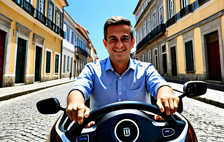 A professional individual, fully clothed in business casual attire, driving a sleek, compact electric vehicle on a cobblestone street in a charming Portuguese city. The background features historical architecture and a clear, sunny sky, suggesting a calm urban environment. The driver's hands are naturally placed on the steering wheel, showcasing a serene and focused expression. high-quality, professional photography, perfect anatomy, correct proportions, natural pose, well-formed hands, proper finger count, natural body proportions, safe for work, appropriate content, fully clothed, modest clothing, appropriate attire, professional dress, family-friendly.