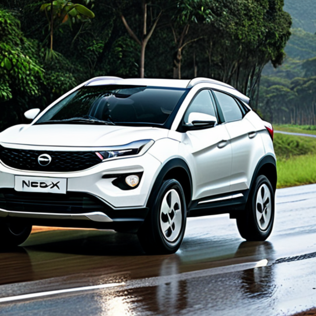 **

A Tata Nexon SUV driving on a slightly wet Brazilian road, with the Electronic Stability Control (ESC) system visibly activated (subtle visual cue like a faint light on the dashboard). The car is fully clothed in a standard paint job, surrounded by typical Brazilian scenery with trees. Safe for work, appropriate content, fully clothed, family-friendly, showcasing the car's safety features. Perfect anatomy, correct proportions, natural pose, professional, high quality.

**