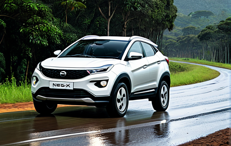 **
A Tata Nexon SUV driving on a slightly wet Brazilian road, with the Electronic Stability Control (ESC) system visibly activated (subtle visual cue like a faint light on the dashboard). The car is fully clothed in a standard paint job, surrounded by typical Brazilian scenery with trees. Safe for work, appropriate content, fully clothed, family-friendly, showcasing the car's safety features. Perfect anatomy, correct proportions, natural pose, professional, high quality.
**