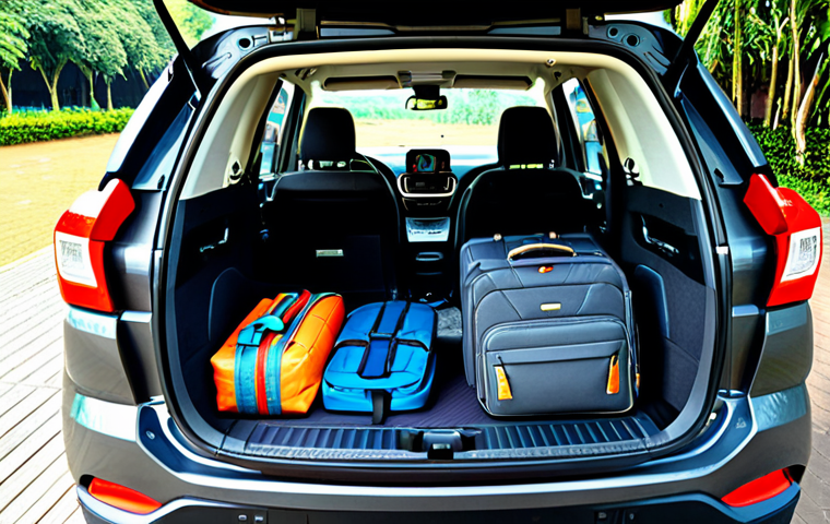 Organized Trunk of a Tata Harrier**
"The well-organized trunk of a Tata Harrier SUV, featuring foldable organizers with dividers, luggage bags, and smaller compartments holding travel essentials. Everything is neatly arranged and secured. Safe for work, appropriate content, fully clothed, professional photography, showcasing practical storage solutions, perfect anatomy, natural proportions, modest, family-friendly."
**