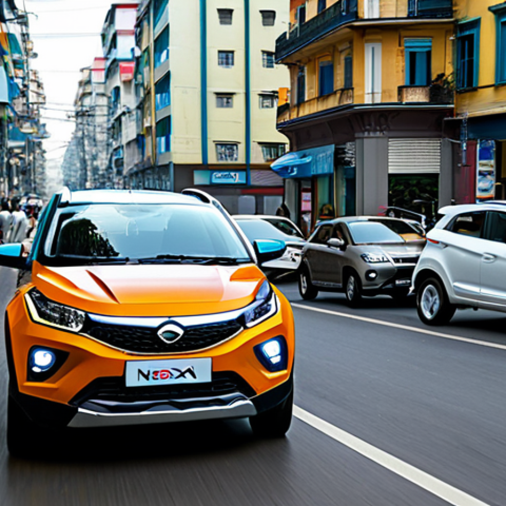 Tata Nexon in City Traffic**

"A Tata Nexon SUV, fully clothed, driving through a busy but orderly Brazilian city street during the day. Focus on the car's design and the urban environment. The scene should depict normal daily commuting with other cars and pedestrians. Safe for work, appropriate content, professional, perfect anatomy, natural proportions, high quality."

**