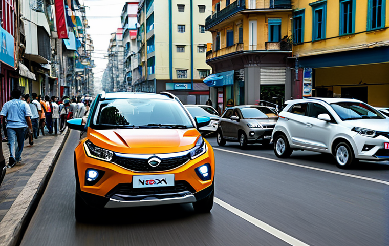 Tata Nexon in City Traffic**

"A Tata Nexon SUV, fully clothed, driving through a busy but orderly Brazilian city street during the day. Focus on the car's design and the urban environment. The scene should depict normal daily commuting with other cars and pedestrians. Safe for work, appropriate content, professional, perfect anatomy, natural proportions, high quality."

**