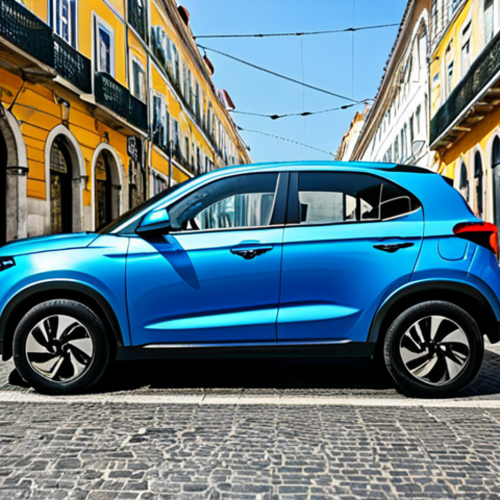 타타 펀치의 최신 트림 분석 - Tata Punch - Bold Design**
"A vibrant Tata Punch, celeste blue color, parked on a Lisbon street nea...