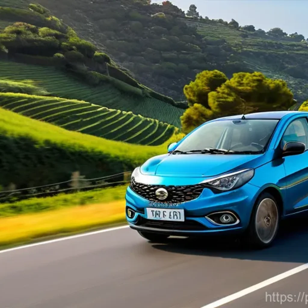 타타 티아고의 최신 소프트웨어 업데이트 - **Prompt 1: Agile Performance and Scenic Drive**
"A modern compact car, reminiscent of a Tata Ti...
