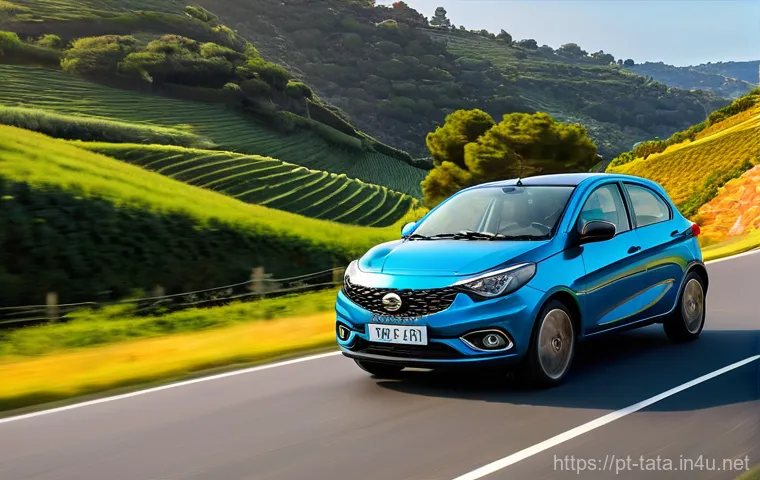 타타 티아고의 최신 소프트웨어 업데이트 - **Prompt 1: Agile Performance and Scenic Drive**
    "A modern compact car, reminiscent of a Tata Ti...