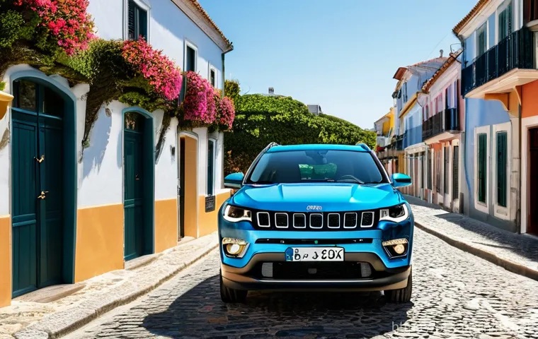 타타 사파리와 지프 컴패스 비교 - **Prompt:** A sleek, modern Jeep Compass 4xe (PHEV) SUV is parked elegantly on a charming cobbleston...