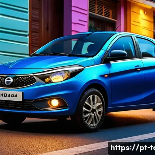 타타 티아고와 쉐보레 스파크 비교 - A modern, sporty Tata Tiago compact car parked on a vibrant Brazilian city street at dusk, showcasin...