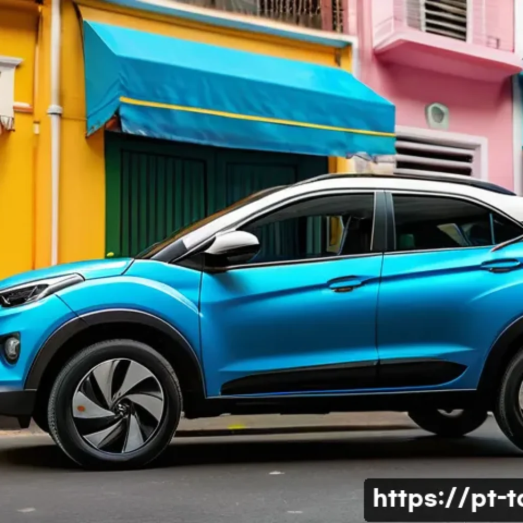 타타 넥슨 EV와 테슬라 모델 3 비교 - A detailed urban scene featuring a Tata Nexon EV parked on a typical Brazilian city street during th...