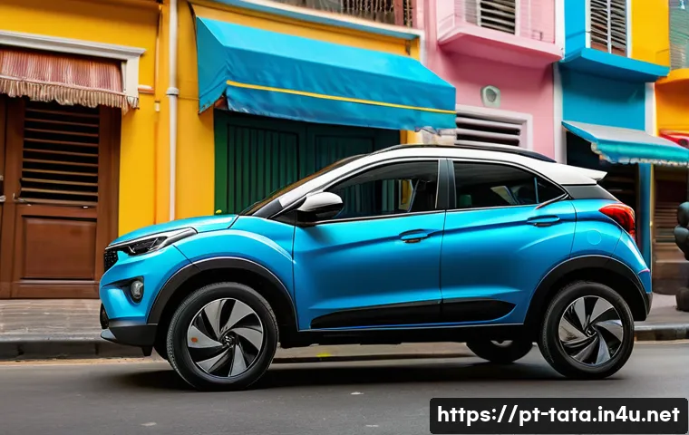 타타 넥슨 EV와 테슬라 모델 3 비교 - A detailed urban scene featuring a Tata Nexon EV parked on a typical Brazilian city street during th...