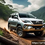 타타 사파리와 도요타 포춘 비교 - A rugged Toyota Fortuner SUV driving confidently on a challenging off-road trail with muddy terrain,...