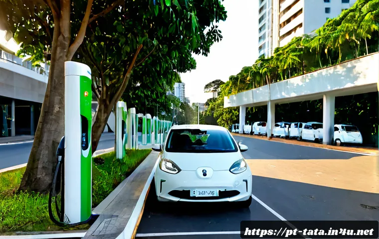 타타 티아고의 충전소 위치 - Photorealistic electric hatchback charging at a modern public EV station in São Paulo, Brazil, wide ...