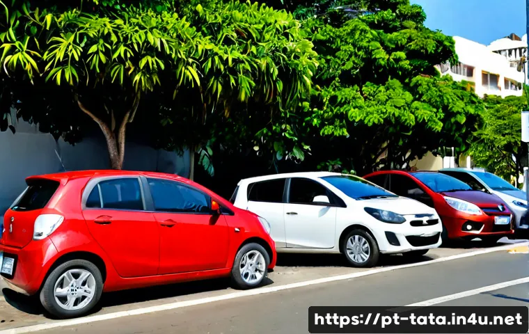 Home 17 타타 티아고의 소형차 시장 점유율 - Photorealistic compact hatchback comparison scene in a modern Brazilian city street, a clean unbrand...
